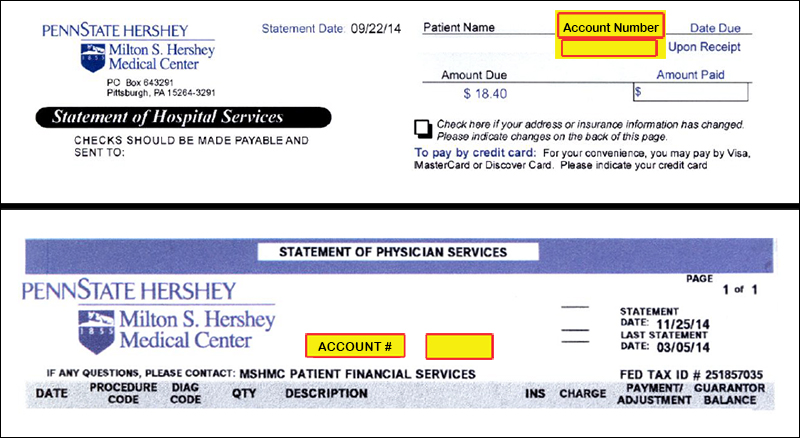 Image of Penn State Hershey billing statement with the account number highlighted for emphasis.